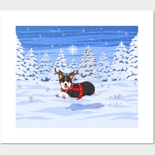 Cute Black Pembroke Corgi in Christmas Reindeer Costume Posters and Art